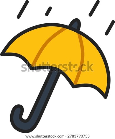 Open yellow umbrella with curved handle protecting from falling raindrops shown as diagonal lines above. Flat color vector illustration with bold outline on isolated background, depicting rainy weather, protection, and monsoon season concept in cartoon style