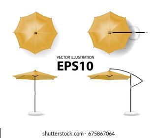 Open yellow umbrella for summer and beach cafe. Vector illustration view of the top, side view
