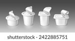 Open yogurt cups, realistic yoghurt container package mockup. Vector 3d visual representation of cream dairy product packaging with an exposed foil lids, cans for presentation and design evaluation