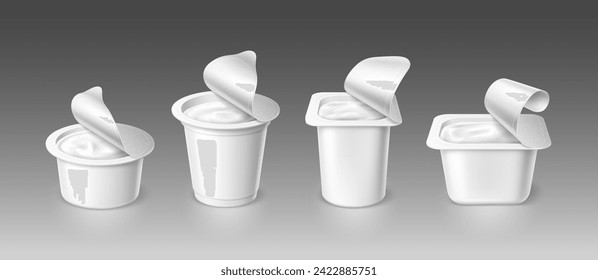 Open yogurt cups, realistic yoghurt container package mockup. Vector 3d visual representation of cream dairy product packaging with an exposed foil lids, cans for presentation and design evaluation