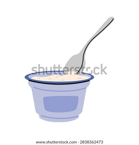 Open yogurt plastic cup with a spoon inside. Hand drawn dairy dessert for healthy snack and breakfast menu