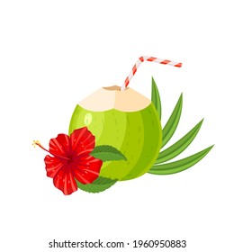 Open young green coconut milk drink with hibiscus. Vector illustration cartoon flat icon isolated on white.