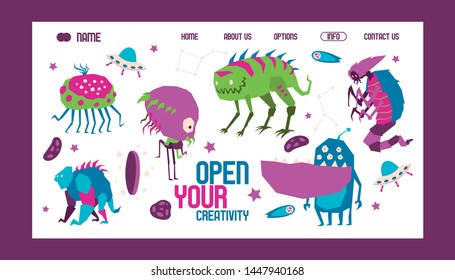 Open your creativity banner web design banner vector illustration. Cartoon monstrous character, creature or funny gremlin on halloween for kids. Spacecraft for cosmos travelling.