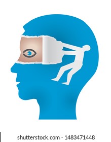 Open your eyes ,discovering and uncovering concept.
Male head in profile and male silhouette ripping paper and uncovering eye. Vector available.