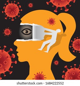 
Open your eyes, Underestimating risk during a pandemic concept.
Illustration of Female stylized head in profile and male silhouette ripping paper and uncovering eye. Vector available.