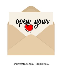 Open your heart, drawing, inscription and opened envelope isolated on white background