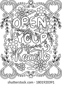 Open your heart font with heart and flower element for Valentine's day or Love Cards. Hand drawn with inspiration word. Coloring for adult and kids. Vector Illustration.