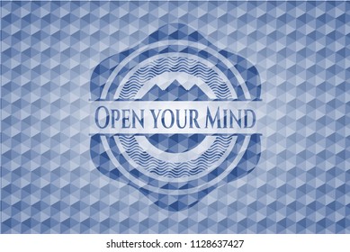 Open your Mind blue badge with geometric background.