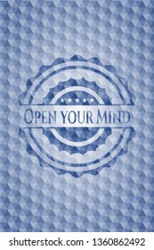 Open your Mind blue badge with geometric pattern.