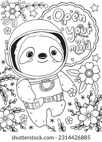 Open your mind font with the Sloth Astronaut. Doodle art for Happy Valentine's day card or greeting card. Coloring book for adults and kids.