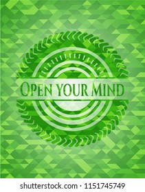 Open your Mind green emblem with mosaic ecological style background