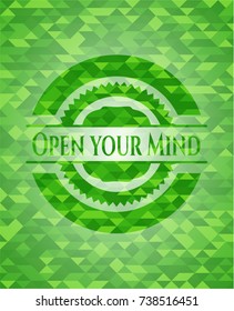 Open your Mind green emblem with triangle mosaic background