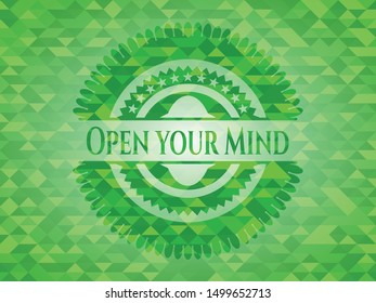 Open your Mind green mosaic emblem. Vector Illustration. Detailed.