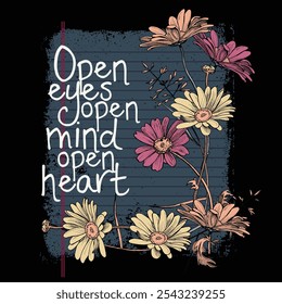 Open your mind, open your heart. Quote. Quotes design. Lettering poster. Inspirational and motivational quotes and sayings about life.