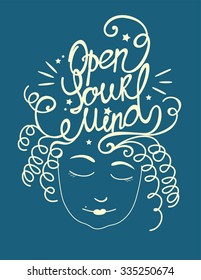 Open your mind. Motivation text. Banner with cute curly girl in blue and with colors