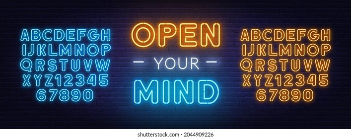 Open Your Mind Neon Lettering On Brick Wall Background.