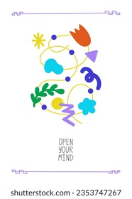 Open your mind poster design. Abstract shapes and doodles in various compositions. Modern hand drawn organic doodle, line, nature, flower elements vector illustration for print, posters, social media 