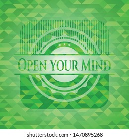 Open your Mind realistic green mosaic emblem. Vector Illustration. Detailed.