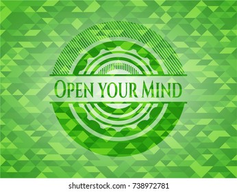 Open your Mind realistic green emblem. Mosaic background