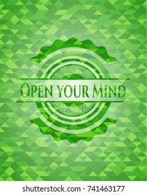 Open your Mind realistic green emblem. Mosaic background