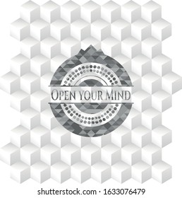 Open your Mind realistic grey emblem with cube white background