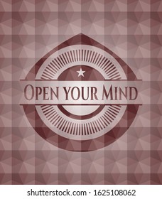 Open your Mind red emblem or badge with abstract geometric polygonal pattern background. Seamless.