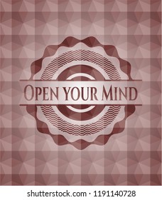 Open your Mind red seamless badge with geometric background.