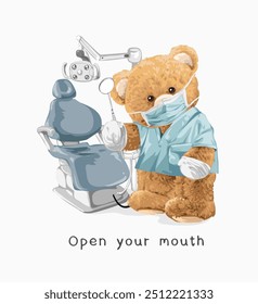 abra seu slogan de boca com boneca de urso na ilustração do vetor uniforme do dentista