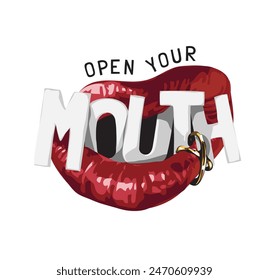 open your mouth slogan in lip piercing graphic vector illustration