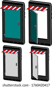 Öffnen Sie Ihren Online-Shop, öffnen Sie die Tür auf Smartphone, Vektorfoto.
