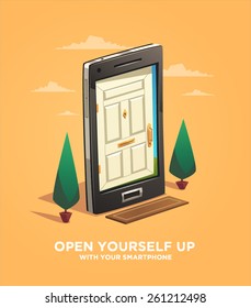 Open yourself up with your smartphone. Vector illustration.