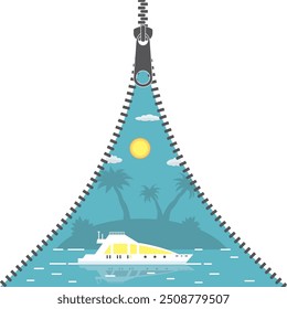 Cremallera abierta y isla de playa tropical de verano con yate, lugar para texto, Ilustración vectorial plana