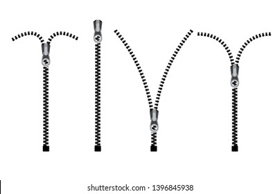 Open zipper teeth metal fastener isolated illustration. Unzip sewing black lock plastic zip buckle.