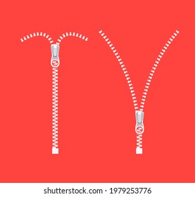 Open zipper teeth metal fastener isolated illustration. Unzip sewing black lock plastic zip buckle