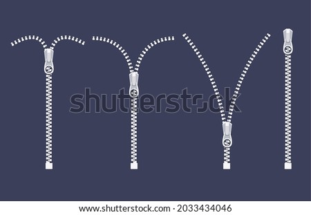 Open zipper teeth metal fastener isolated illustration. Unzip sewing black lock plastic zip buckle