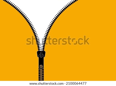 Open zipper. zip on cloth. Fastener with metal lock. Concept of unzip. Background for label, design, fashion. Open or close purse, pocket. pull lock. Vector.