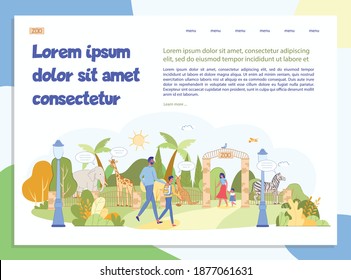 Open Zoo Presentation. Excursion Invitation Landing Page Design. Visitor at Green Park with Wild Animal, Exotic Bird. Natural Landscape. Parent, Kid Recreation. Information Text. Vector Illustration