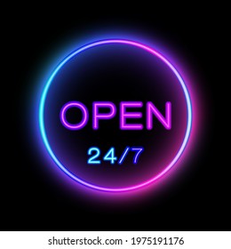 Open24 hours. Vector illustration in neon style. For signs, banners and other types of advertising.