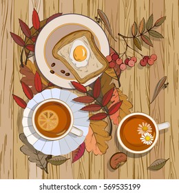 An open-air breakfast, aromatic tea with crispy toasts, vector illustration