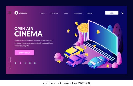 Open-air car night cinema. Vector 3d isometric illustration in neon gradient. Automobiles parked in front of large movie screen. Outdoor leisure and fun. Film festival, events, entertainment concept