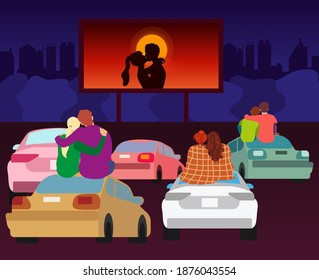 Open-air cinema with lgbt couples watching movie on parking background. Valentines day celebration. Drive-in movie theater with cars on open air parking. Drive-In theatre big screen and parked cars