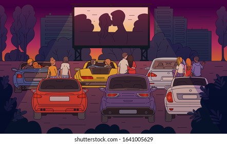 Open-air cinema with people characters watching movie on parking background, sketch cartoon vector illustration. Drive-In theatre big screen and parked cars.