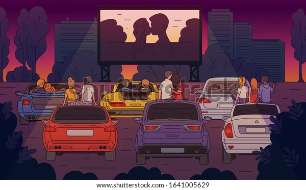 Open-air cinema with people characters\
watching movie on parking background, sketch cartoon vector\
illustration. Drive-In theatre big screen and parked\
cars.