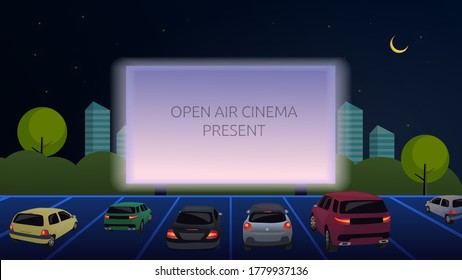 Open-air cinema for street cars. Cars watch a movie in an open parking lot at night. Large outdoor screen glows in the dark, against the backdrop of the evening city. Vector. Cartoon illustration