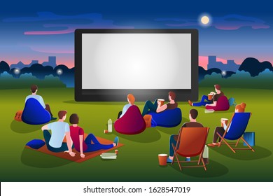 Open-air cinema vector flat cartoon illustration. People watching movie in night city park on large screen. Outdoor leisure, relax and fun. Film festival, events and entertainment presentation concept