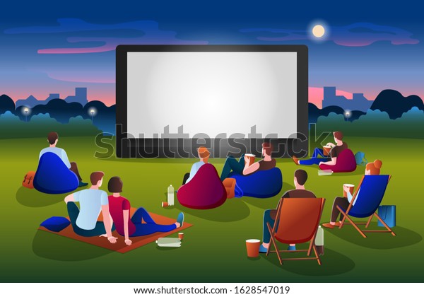 Open-air cinema vector flat cartoon illustration.\
People watching movie in night city park on large screen. Outdoor\
leisure, relax and fun. Film festival, events and entertainment\
presentation concept