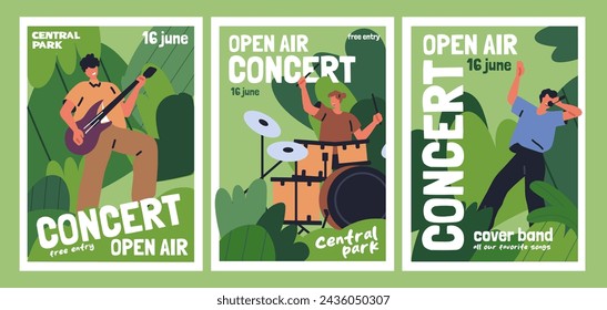 Open-Air-Festival, Outdoor-Konzert, Einladungsposter gesetzt. Sommerfest in der Natur, Musikkapelle im Park, Promotion Werbung Einladungskarten, Promo-Plakate, Flyer-Designs. Flache Vektorillustrationen