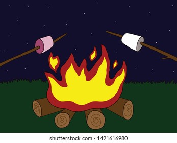 An open-air fire in a camp, used for cooking and as a focal point for social activity.