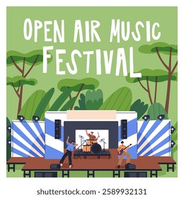 Open-air music festival card. Live band, singer and musicians performing on outdoor stage in nature, summer park. Square post design for rock concert, fest, performance. Flat vector illustration