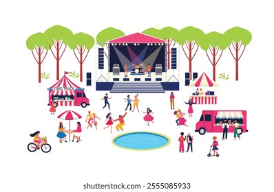 Open-air music festival featuring a live performance on an outdoor stage, with people dancing in nature. The event includes food trucks, flat vector illustration